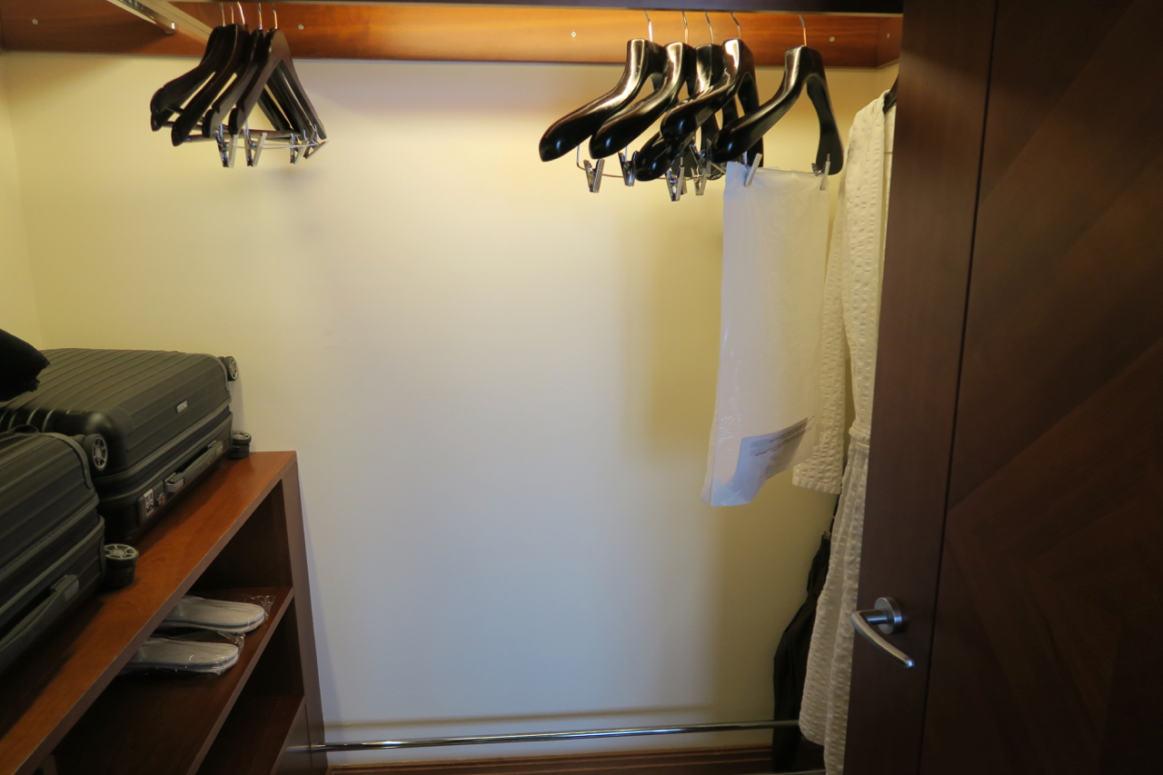 a closet with swingers and a white coat