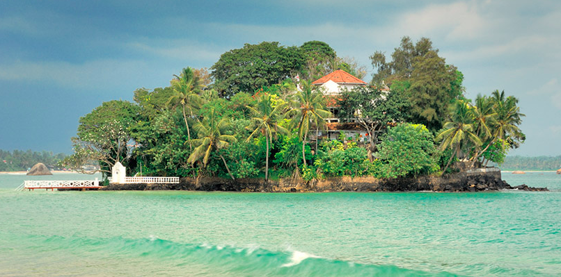 a house on a island with trees and a body of water